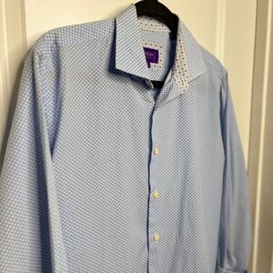 TALLIA Mens Dress Shirt Blue White Geometric Cotton Long Sleeve Medium 15.5